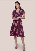 Printed Lurex A-Line Flutter Sleeve Midi Dress - Berry by Goddiva
