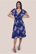 Printed Lurex A-Line Flutter Sleeve Midi Dress - Navy by Goddiva
