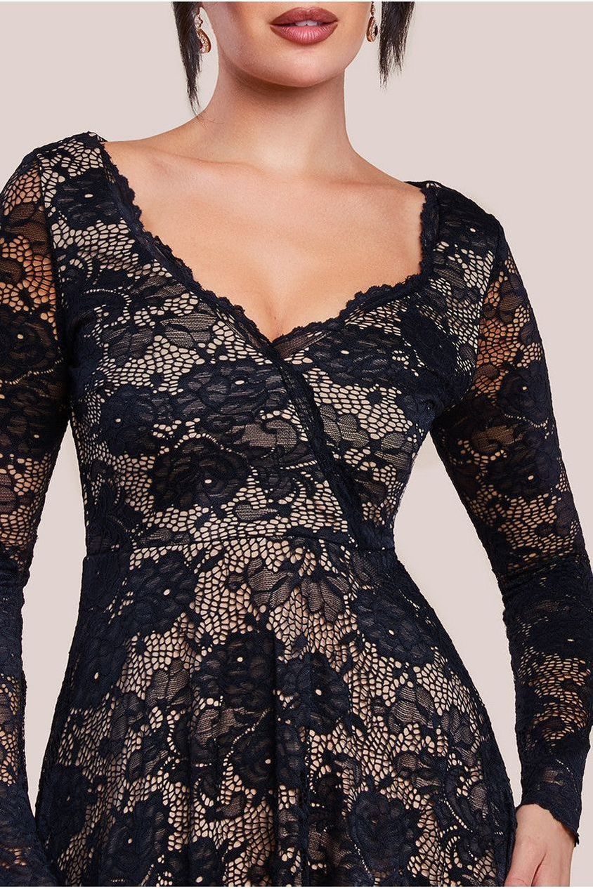 Scalloped Lace A-line Midi Dress - Black by Goddiva