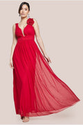 Sleeveless Pleated Dobby Mesh Corsage Maxi Dress - Red by Goddiva