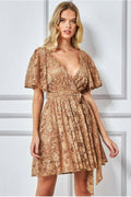 Lace Kimono Wrap Skater Mini Dress - Tan by Goddiva
