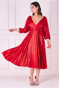Satin Pleated Skirt Wrap Midi Dress - Red by Goddiva