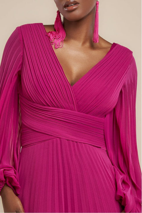 Balloon Sleeve Chiffon Maxi Dress - Magenta by Goddiva