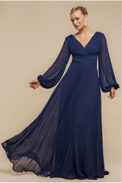 Balloon Sleeve Chiffon Maxi Dress - Navy Blue by Goddiva
