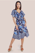 Flutter Sleeve Printed Midi Dress - Navy Print by Goddiva