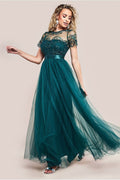 Embroidered Mesh Maxi Dress - Emerald Green by Goddiva