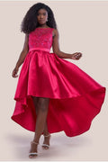 Sequin & Satin Dipped Hem Midi  - Hot Pink by Goddiva