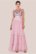 Scallop Bardot Ruffle Mesh Maxi - Blush by Goddiva