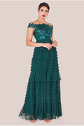 Scallop Bardot Ruffle Mesh Maxi - Emerald Green by Goddiva