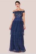Scallop Bardot Ruffle Mesh Maxi - Navy by Goddiva