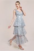 Embroidered Mesh Tiered Midi Dress - Grey by Goddiva