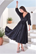 Satin Pleated Skirt Wrap Midi Dress - Black by Goddiva