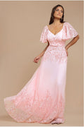 Lace Flutter Sleeve Embroidered Mesh A Line Maxi Dress - Pink by Goddiva