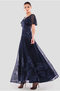 Lace Flutter Sleeve Embroidered Mesh A Line Maxi Dress - Navy Blue by Goddiva