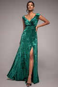 Ice Velvet Bardot Wrap Maxi - Emerald Green by Goddiva