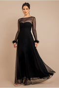 Dobby Mesh Feather Sleeve Hem Maxi Dress - Black by Goddiva