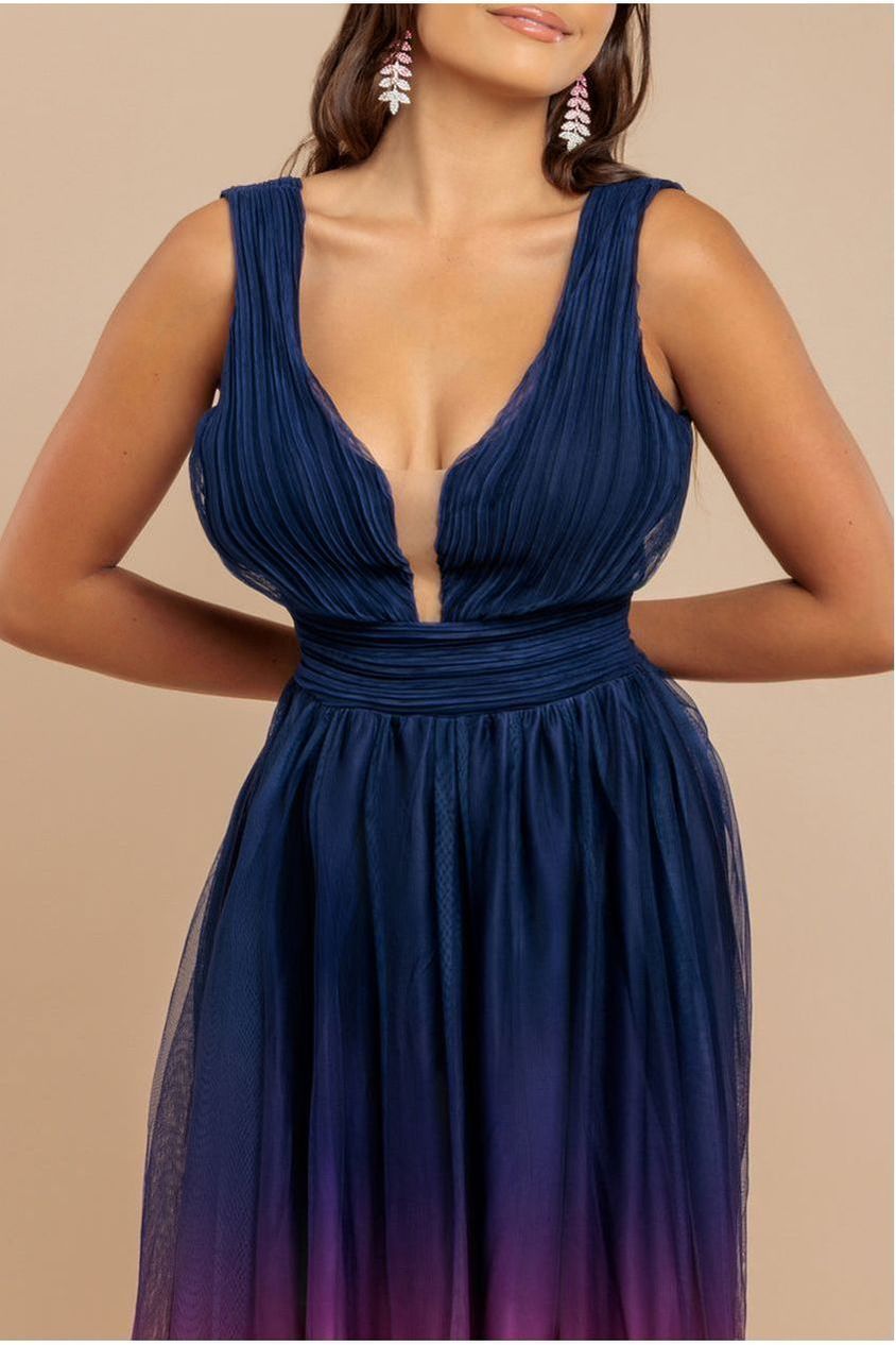 Sleeveless Ombre Pleated A-Line Maxi Dress - Pink Ombre by Goddiva