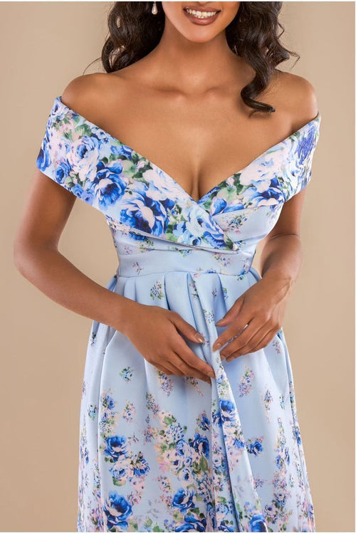 Bardot Floral Print A-Line Scuba Foam Midi Dress - Blue by Goddiva