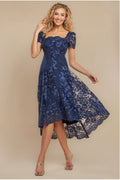 Scalloped Neck Embroidered Lace High Low Midi Dress - Navy Blue by Goddiva