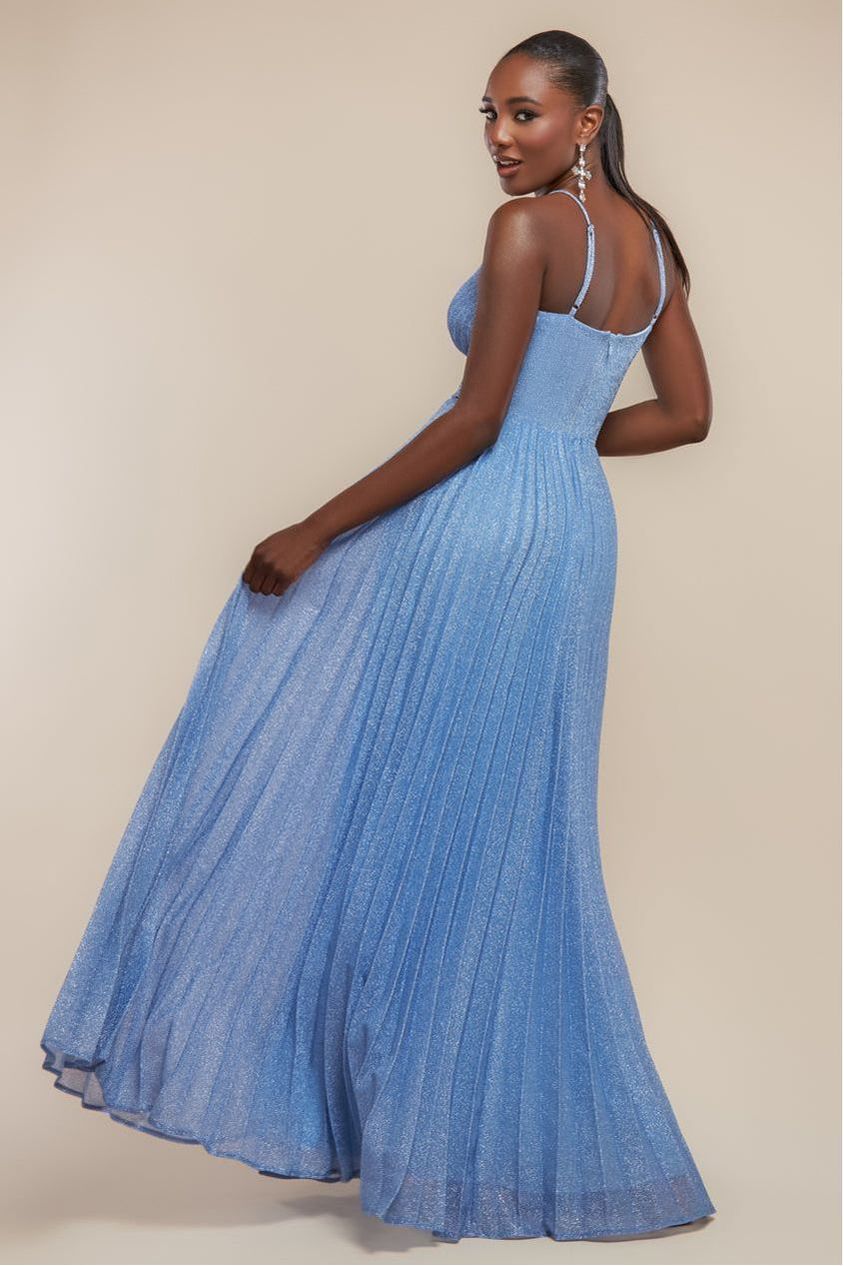 Sleeveless Pleated A Line Lurex Maxi Dress - Blue by Goddiva