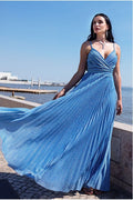 Sleeveless Pleated A Line Lurex Maxi Dress - Blue by Goddiva