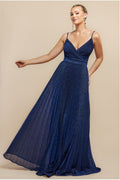Sleeveless Pleated A Line Lurex Maxi Dress - Navy Blue by Goddiva