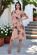 Floral Printed Flutter Sleeve Chiffon Midi Dress - Peach by Goddiva