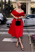 Bow Off The Shoulder A Line Midi Dress - Red by Goddiva