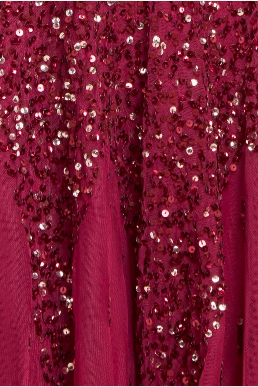 Sunray Hand Embellished Sequin A-Line Bell Sleeve Maxi Dress - Burgundy by Goddiva