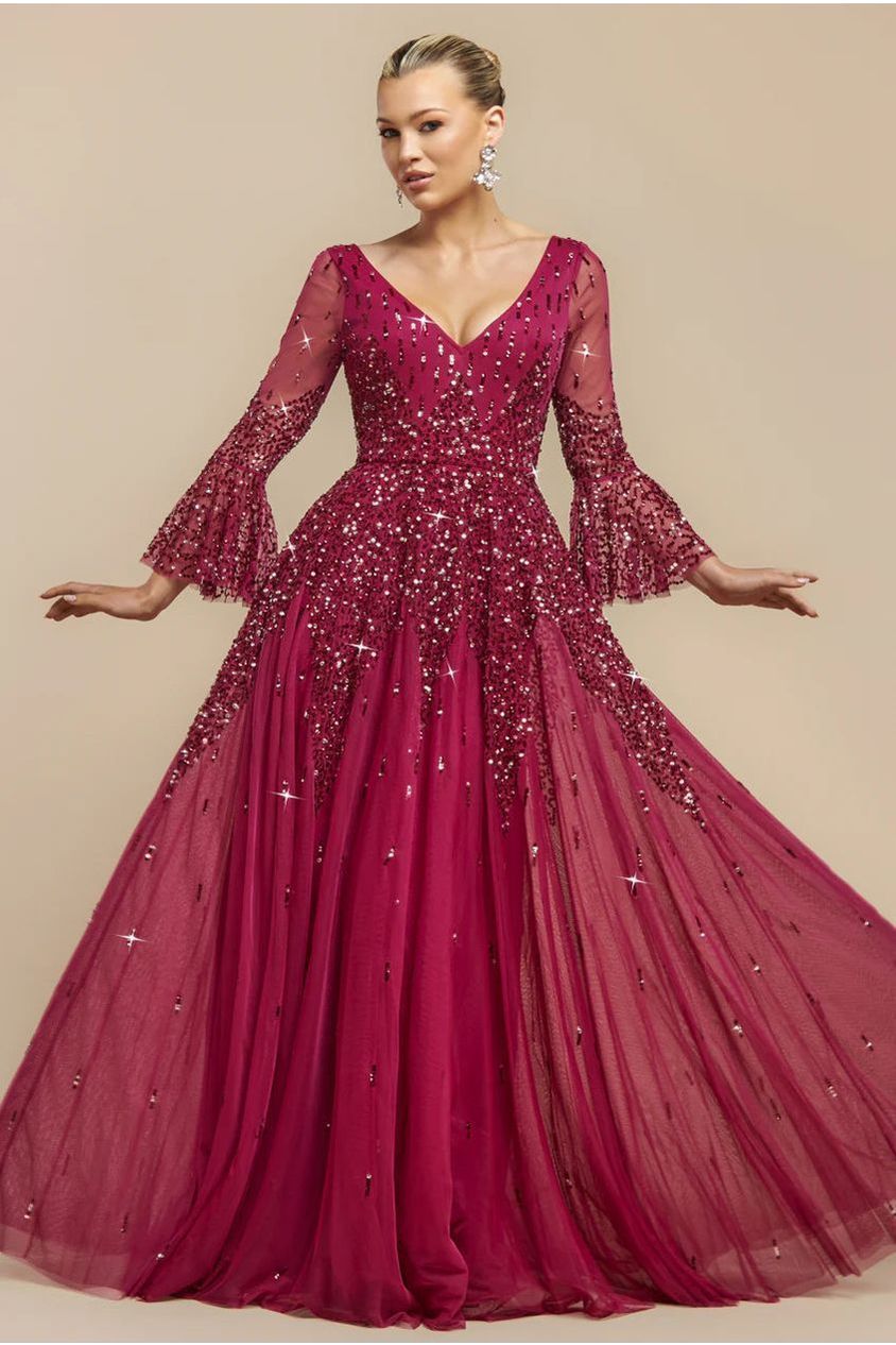 Sunray Hand Embellished Sequin A-Line Bell Sleeve Maxi Dress - Burgundy by Goddiva