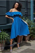 Denim Frilled Bardot High Low Dress - Blue Denim by Goddiva