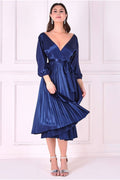 Satin Pleated Skirt Wrap Midi Dress - Navy by Goddiva