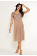 Embellished Sequin Baby Doll Midi Dress In Taupe by Angeleye