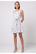 Skater Mini Dress With Tie Belt In White Floral by Angeleye
