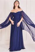 Chiffon Off The Shoulder Maxi With Cape Sleeves  - Navy by Goddiva