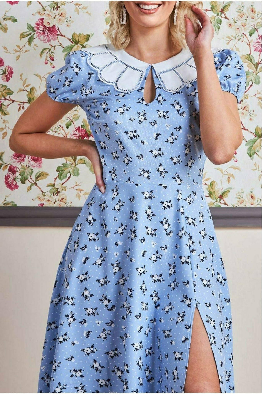 Printed Midi With Front Split - Powder Blue by Goddiva
