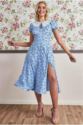 Printed Midi With Front Split - Powder Blue by Goddiva