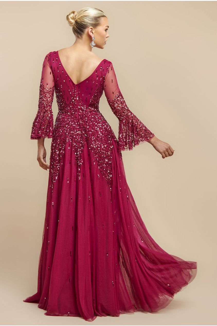 Sunray Hand Embellished Sequin A-Line Bell Sleeve Maxi Dress - Burgundy by Goddiva